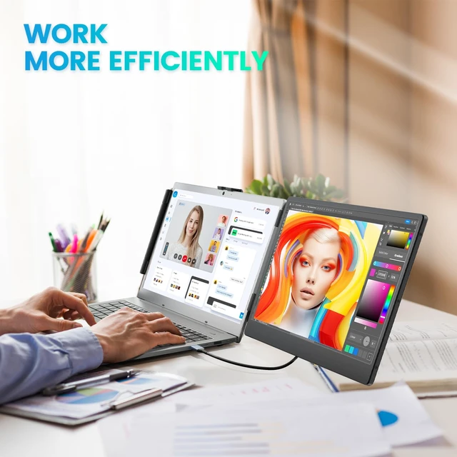Alt view image 7 of 7 - 14" Laptop Screen Extender, FHD 1080P IPS Portable Monitor for Laptop, Dual Screen Monitor Extender Compatible with 13"-17" Laptops, HDMI/USB-A/USB-C Plug-Play for Windows, Mac, Android