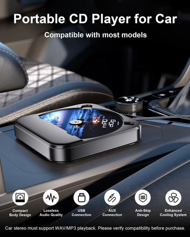 Alt view image 3 of 7 - Car CD Player for CD Lovers, Road Trips,Home Listening Anti-Skip Portable External Universal Vehicle Stereo Radio, USB-C Port Adapter, Extension Cable, Remote Control