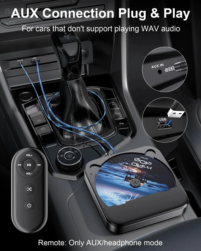 Alt view image 6 of 7 - Car CD Player for CD Lovers, Road Trips,Home Listening Anti-Skip Portable External Universal Vehicle Stereo Radio, USB-C Port Adapter, Extension Cable, Remote Control