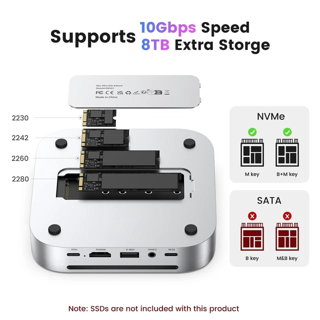 Alt view image 3 of 7 - Mac mini M4 Dock & Hub with 8TB NVMe SSD Enclosure, 4K@60Hz HDMI, 2x10Gbps USB A, 1x5Gbps USB A, USB-C Charge, SD/TF, Audio 3.5mm, Stand Docking Station for Mac mini M4/M4 Pro
