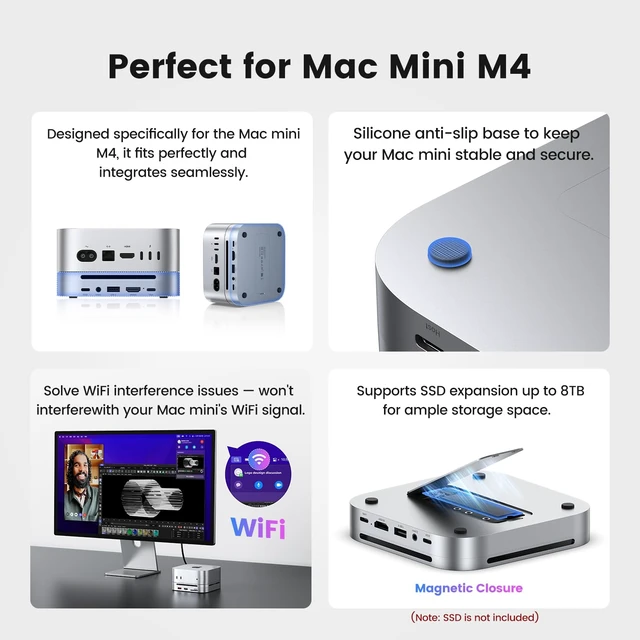 Alt view image 6 of 7 - Mac mini M4 Dock & Hub with 8TB NVMe SSD Enclosure, 4K@60Hz HDMI, 2x10Gbps USB A, 1x5Gbps USB A, USB-C Charge, SD/TF, Audio 3.5mm, Stand Docking Station for Mac mini M4/M4 Pro