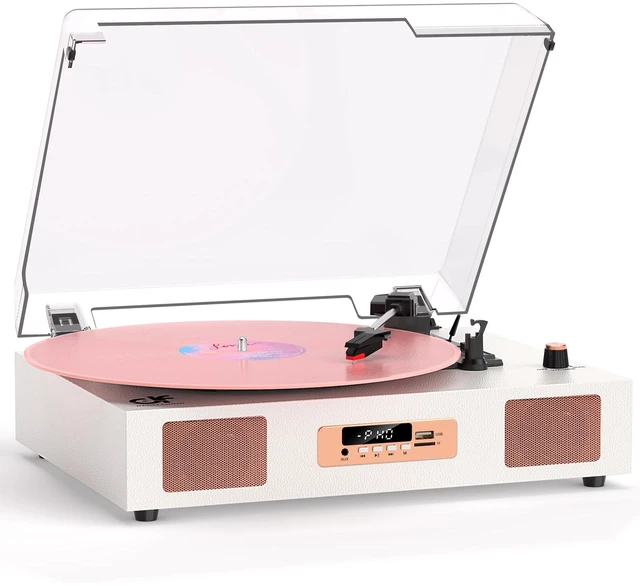 Main image of Vinyl Record Player Bluetooth 3-Speed Turntable White & Rose Gold Built-in Stereo Speakers USB Recording 3 Speeds Belt Drive Turntables, RCA Output, LED Display, EQ