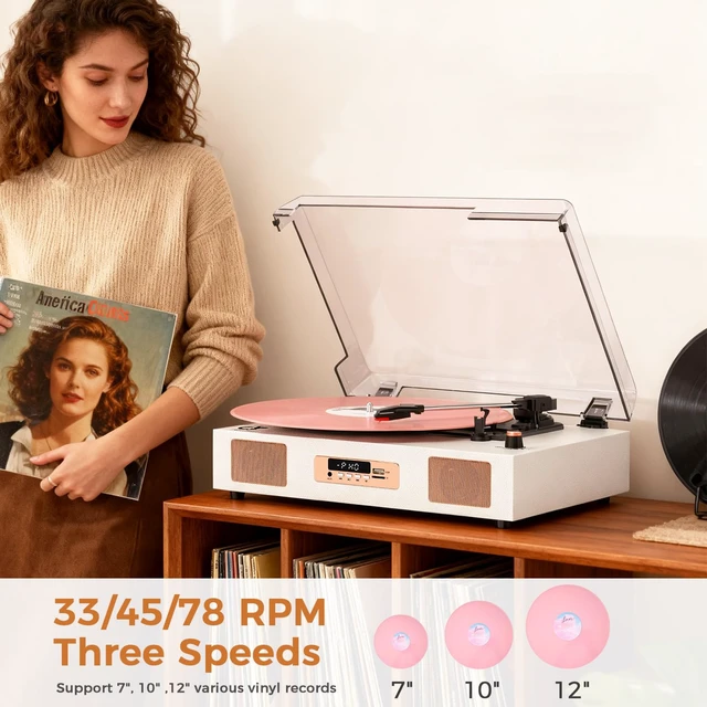 Alt view image 2 of 7 - Vinyl Record Player Bluetooth 3-Speed Turntable White & Rose Gold Built-in Stereo Speakers USB Recording 3 Speeds Belt Drive Turntables, RCA Output, LED Display, EQ