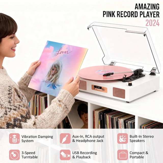 Alt view image 3 of 7 - Vinyl Record Player Bluetooth 3-Speed Turntable White & Rose Gold Built-in Stereo Speakers USB Recording 3 Speeds Belt Drive Turntables, RCA Output, LED Display, EQ