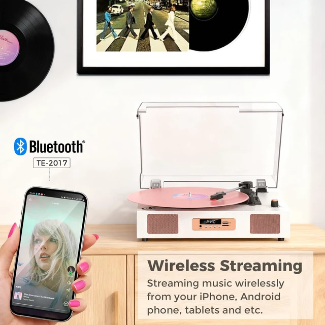 Alt view image 4 of 7 - Vinyl Record Player Bluetooth 3-Speed Turntable White & Rose Gold Built-in Stereo Speakers USB Recording 3 Speeds Belt Drive Turntables, RCA Output, LED Display, EQ