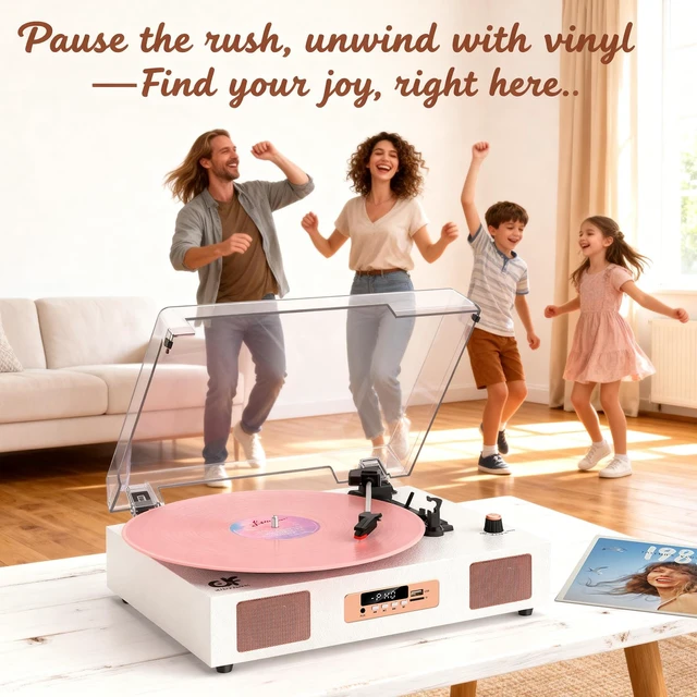 Alt view image 6 of 7 - Vinyl Record Player Bluetooth 3-Speed Turntable White & Rose Gold Built-in Stereo Speakers USB Recording 3 Speeds Belt Drive Turntables, RCA Output, LED Display, EQ