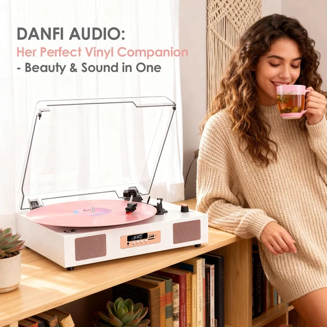 Alt view image 7 of 7 - Vinyl Record Player Bluetooth 3-Speed Turntable White & Rose Gold Built-in Stereo Speakers USB Recording 3 Speeds Belt Drive Turntables, RCA Output, LED Display, EQ