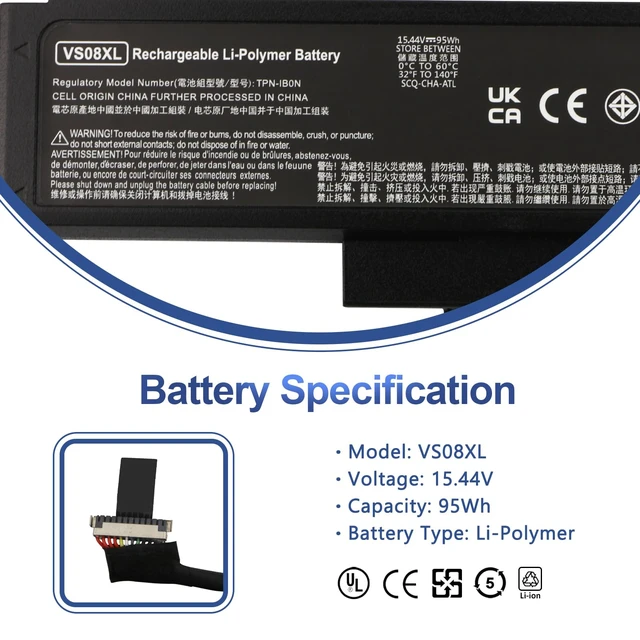Alt view image 2 of 7 - VS08XL 95Wh Laptop Battery for HP ZBook Fury 16 G9 ZBook Fury 16 G10 ZBook Fury 16 G11 Mobile Workstation 2080 Series TPN-IB0N TPN-DB1F VSO8XL M85951-271 M86087-001 15.44V 5907mAh