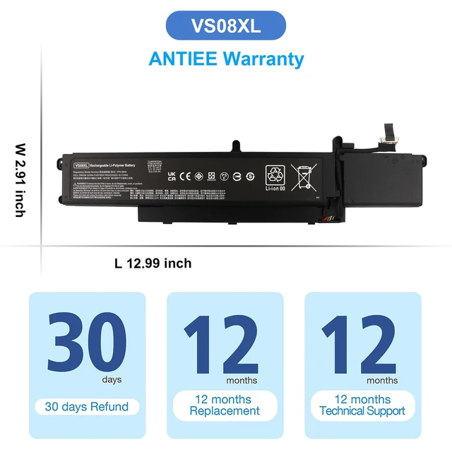 Alt view image 7 of 7 - VS08XL 95Wh Laptop Battery for HP ZBook Fury 16 G9 ZBook Fury 16 G10 ZBook Fury 16 G11 Mobile Workstation 2080 Series TPN-IB0N TPN-DB1F VSO8XL M85951-271 M86087-001 15.44V 5907mAh