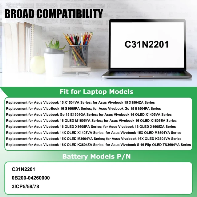 Alt view image 3 of 7 - C31N2201 Battery Replacement for ASUS Vivobook 15 X1504VA X1504ZA For Go 15 E1504FA E1504GA 14 OLED X1405VA 16 OLED M1605YA X1605EA X1605PA X1605ZA 14X OLED X1403VA 15X OLED M3504YA, 42Wh