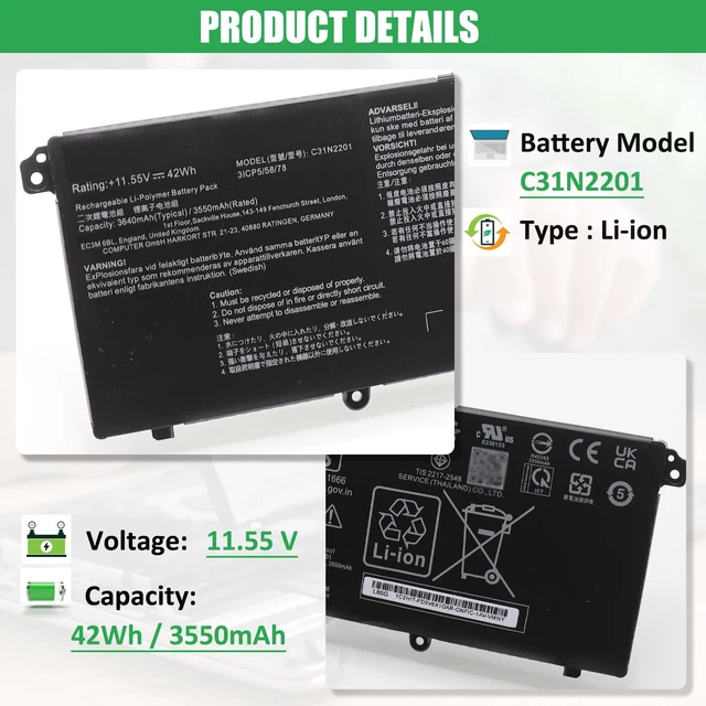 Alt view image 2 of 7 - C31N2201 Battery Replacement for ASUS Vivobook 15 X1504VA X1504ZA For Go 15 E1504FA E1504GA 14 OLED X1405VA 16 OLED M1605YA X1605EA X1605PA X1605ZA 14X OLED X1403VA 15X OLED M3504YA, 42Wh