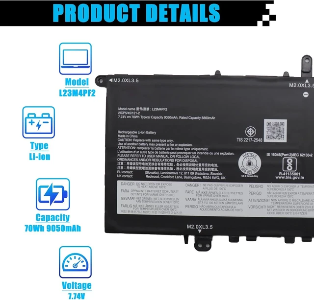 Alt view image 2 of 7 - L23M4PF2 Laptop Battery Replacement for Lenovo Yoga Slim 7-14Q8X9 (Type: 83ED) Series SB11N42050 5B11N42049 L23C4PF2 SB11N42052 5B11N42051 70Wh 9050mAh 7.74V