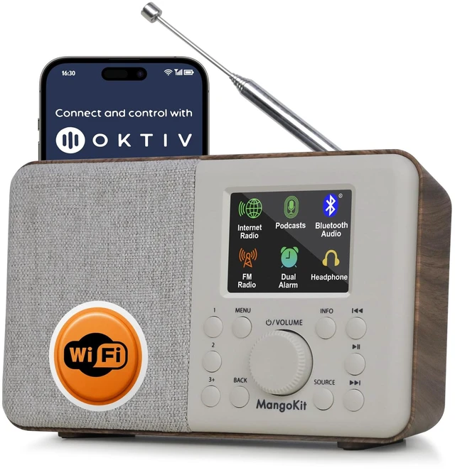 Main image of SR10 WiFi Internet Radio with Bluetooth, Podcast Player & FM Radio 60 presets, dual alarms, colour display, OKTIV App control, mains or AA battery, headphone jack, compact, Walnut