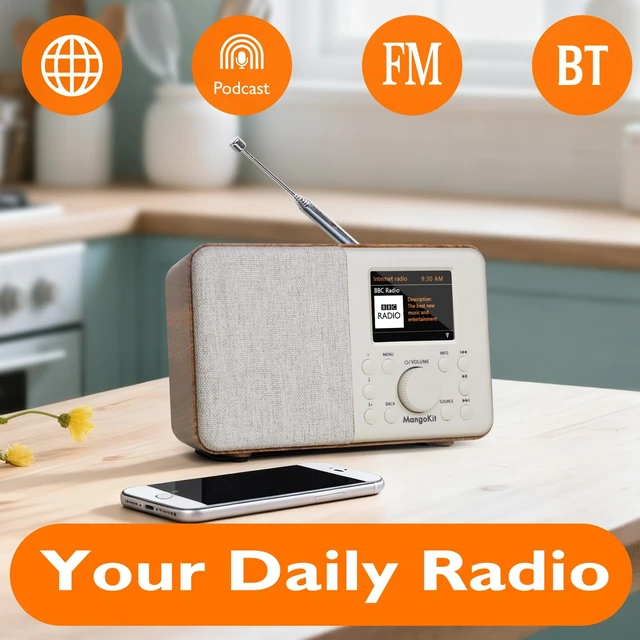 Alt view image 2 of 7 - SR10 WiFi Internet Radio with Bluetooth, Podcast Player & FM Radio 60 presets, dual alarms, colour display, OKTIV App control, mains or AA battery, headphone jack, compact, Walnut