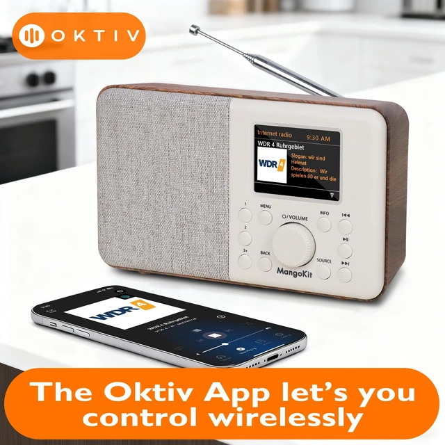 Alt view image 4 of 7 - SR10 WiFi Internet Radio with Bluetooth, Podcast Player & FM Radio 60 presets, dual alarms, colour display, OKTIV App control, mains or AA battery, headphone jack, compact, Walnut