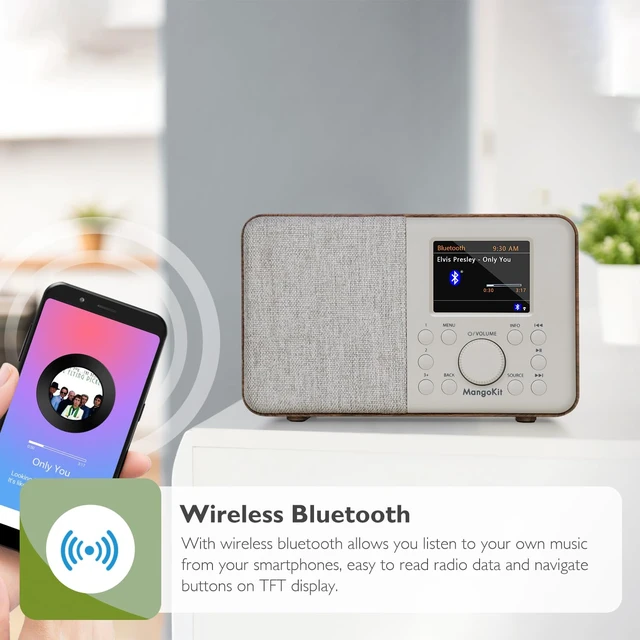 Alt view image 7 of 7 - SR10 WiFi Internet Radio with Bluetooth, Podcast Player & FM Radio 60 presets, dual alarms, colour display, OKTIV App control, mains or AA battery, headphone jack, compact, Walnut