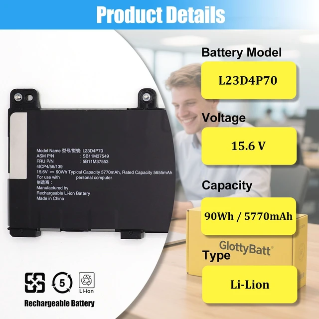 Alt view image 2 of 7 - L23D4P70 Battery Replacement for Lenovo ThinkPad P1 Gen 7 21KV 21KW Series, Laptop Battery L23C4P70 SB11M37548 SB11M37549 5B11M37552 5B11M37553, 90Wh