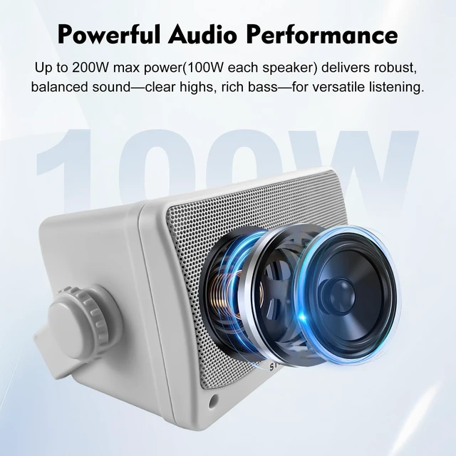 Alt view image 3 of 7 - 3.5 Inch Indoor Outdoor Wall Mounted Bluetooth Speakers, 200W Peak(100W Each) 3-Way Waterproof, Wireless Multi-Speaker Sync, IR Remote, for Patio,Garage,Home (301BLE, White, 2 Pack)