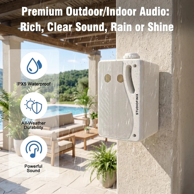 Alt view image 4 of 7 - 3.5 Inch Indoor Outdoor Wall Mounted Bluetooth Speakers, 200W Peak(100W Each) 3-Way Waterproof, Wireless Multi-Speaker Sync, IR Remote, for Patio,Garage,Home (301BLE, White, 2 Pack)