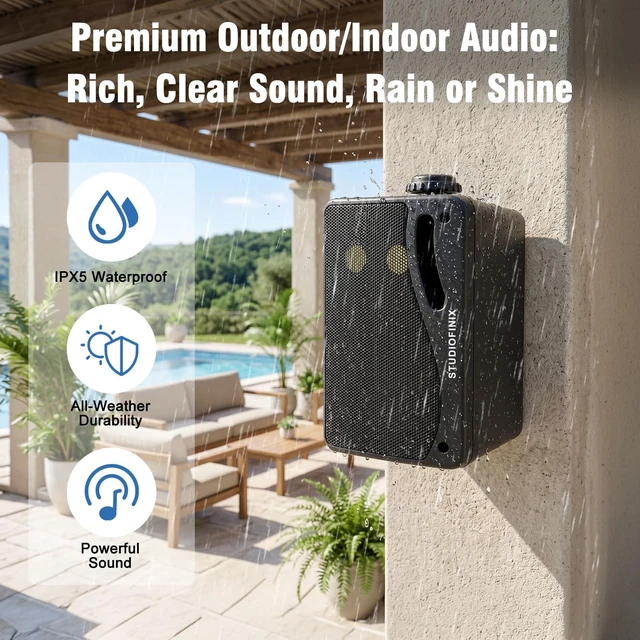 Alt view image 4 of 7 - 3.5 Inch Indoor Outdoor Wall Mounted Bluetooth Speakers, 200W Peak(100W Each) 3-Way Waterproof, Wireless Multi-Speaker Sync, IR Remote, for Patio,Garage,Home (301BLE, Black, 2 Pack)