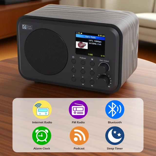 Alt view image 3 of 7 - Ocean Digital WR-336M Wi-Fi Internet FM Radio, Bluetooth Speaker, Podcast, 2.4 Color Display, USB Playback, Dual Alarm Clock, Sleep Timer, Dimmer, Black