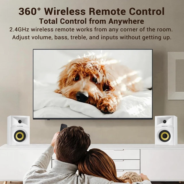 Alt view image 7 of 7 - SW205 4" 2-Way Powered Bookshelf Speakers for TV PC and Home 80W RMS, Composite-Magnet Glass Fiber Woofer, Silk Dome Tweeter, Bluetooth 5.4/Optical/AUX, 24bit DAC, RF Remote, Pair White