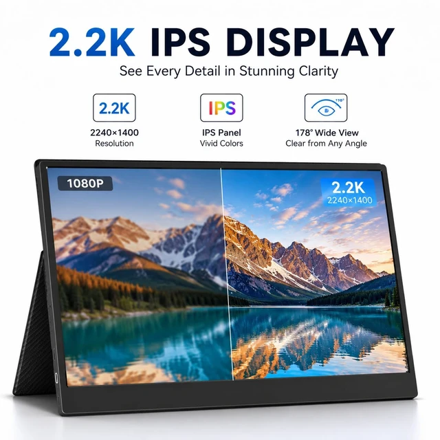Alt view image 2 of 7 - 14 Inch 2K(2240×1400) Portable Monitor, 16:10 QHD 100% sRGB HDR IPS Screen, Ultra-Slim External Second Monitor for Laptop, Phone, PS5, Xbox, Switch, PC