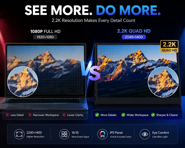 Alt view image 3 of 7 - 14 Inch 2K(2240×1400) Portable Monitor, 16:10 QHD 100% sRGB HDR IPS Screen, Ultra-Slim External Second Monitor for Laptop, Phone, PS5, Xbox, Switch, PC