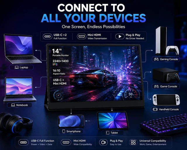 Alt view image 6 of 7 - 14 Inch 2K(2240×1400) Portable Monitor, 16:10 QHD 100% sRGB HDR IPS Screen, Ultra-Slim External Second Monitor for Laptop, Phone, PS5, Xbox, Switch, PC