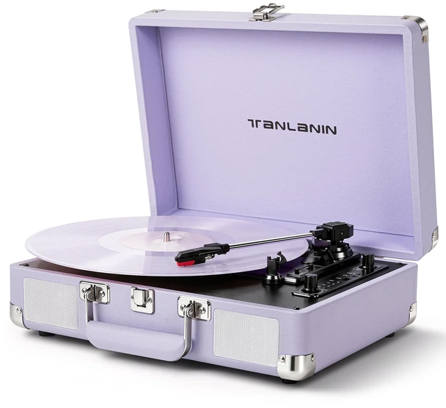 Main image of Purple Record Player with Speakers, Bluetooth, 3-Speed Turntable USB recording, AUX input, RCA output, headphone jack, auto stop; pink suitcase design for bedrooms, dorms and gifts