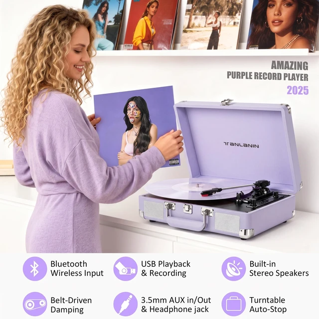 Alt view image 2 of 7 - Purple Record Player with Speakers, Bluetooth, 3-Speed Turntable USB recording, AUX input, RCA output, headphone jack, auto stop; pink suitcase design for bedrooms, dorms and gifts