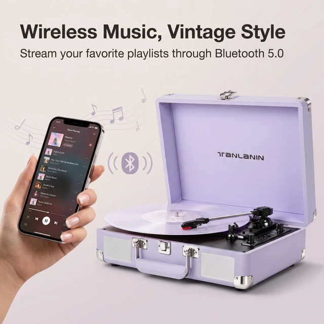 Alt view image 3 of 7 - Purple Record Player with Speakers, Bluetooth, 3-Speed Turntable USB recording, AUX input, RCA output, headphone jack, auto stop; pink suitcase design for bedrooms, dorms and gifts