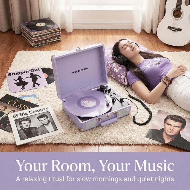 Alt view image 4 of 7 - Purple Record Player with Speakers, Bluetooth, 3-Speed Turntable USB recording, AUX input, RCA output, headphone jack, auto stop; pink suitcase design for bedrooms, dorms and gifts