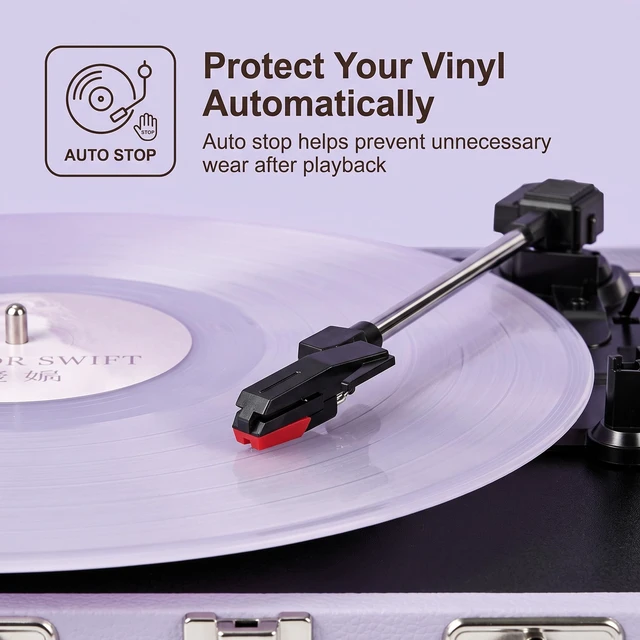 Alt view image 6 of 7 - Purple Record Player with Speakers, Bluetooth, 3-Speed Turntable USB recording, AUX input, RCA output, headphone jack, auto stop; pink suitcase design for bedrooms, dorms and gifts