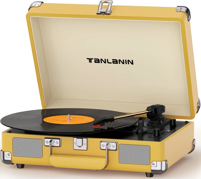 Main image of Suitcase Record Player with Bluetooth, 3-Speed Belt-Drive Portable Turntable, Built-in Stereo Speakers, USB Vinyl-to-MP3 Recording, RCA & Headphone Output, AUX Input,Vintage Yellow