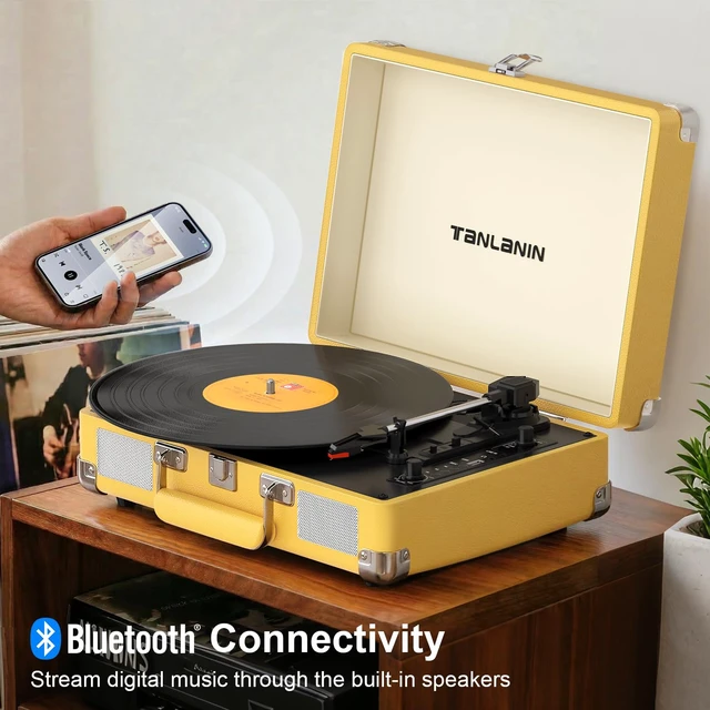 Alt view image 2 of 7 - Suitcase Record Player with Bluetooth, 3-Speed Belt-Drive Portable Turntable, Built-in Stereo Speakers, USB Vinyl-to-MP3 Recording, RCA & Headphone Output, AUX Input,Vintage Yellow