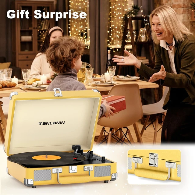 Alt view image 3 of 7 - Suitcase Record Player with Bluetooth, 3-Speed Belt-Drive Portable Turntable, Built-in Stereo Speakers, USB Vinyl-to-MP3 Recording, RCA & Headphone Output, AUX Input,Vintage Yellow