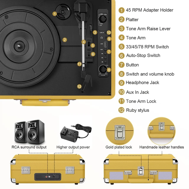 Alt view image 4 of 7 - Suitcase Record Player with Bluetooth, 3-Speed Belt-Drive Portable Turntable, Built-in Stereo Speakers, USB Vinyl-to-MP3 Recording, RCA & Headphone Output, AUX Input,Vintage Yellow