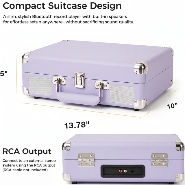 Alt view image 7 of 7 - Purple Record Player with Speakers, Bluetooth, 3-Speed Turntable USB recording, AUX input, RCA output, headphone jack, auto stop; pink suitcase design for bedrooms, dorms and gifts