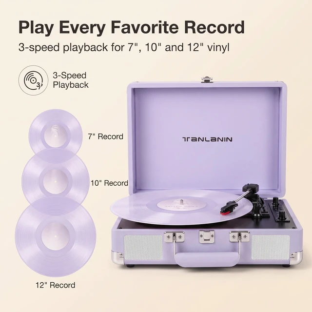 Alt view image 5 of 7 - Purple Record Player with Speakers, Bluetooth, 3-Speed Turntable USB recording, AUX input, RCA output, headphone jack, auto stop; pink suitcase design for bedrooms, dorms and gifts