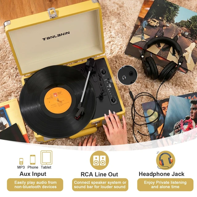 Alt view image 5 of 7 - Suitcase Record Player with Bluetooth, 3-Speed Belt-Drive Portable Turntable, Built-in Stereo Speakers, USB Vinyl-to-MP3 Recording, RCA & Headphone Output, AUX Input,Vintage Yellow