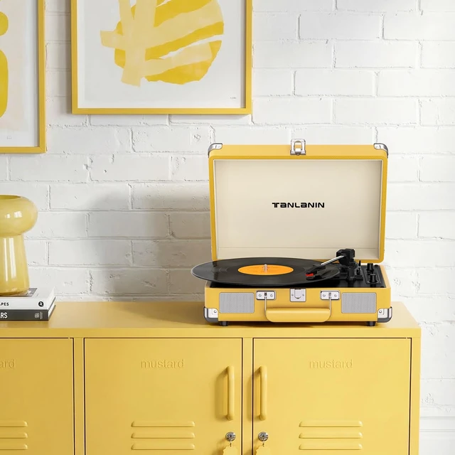 Alt view image 6 of 7 - Suitcase Record Player with Bluetooth, 3-Speed Belt-Drive Portable Turntable, Built-in Stereo Speakers, USB Vinyl-to-MP3 Recording, RCA & Headphone Output, AUX Input,Vintage Yellow