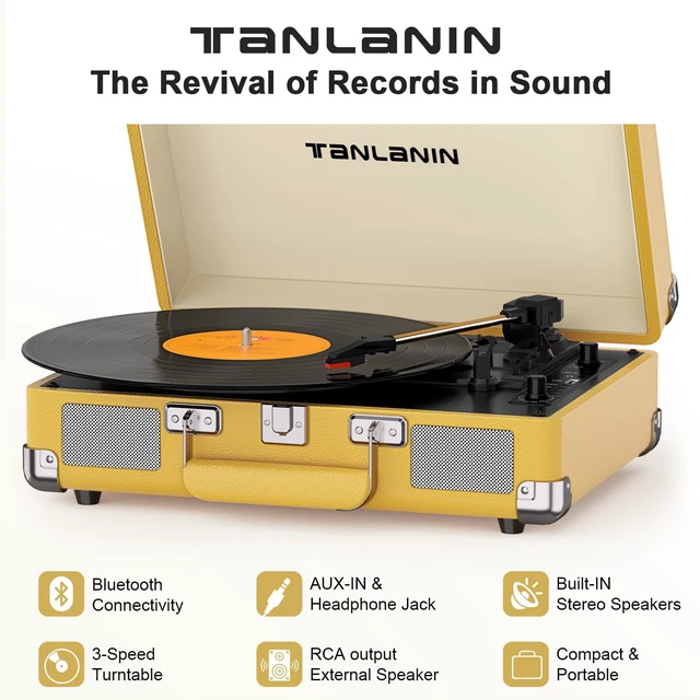 Alt view image 7 of 7 - Suitcase Record Player with Bluetooth, 3-Speed Belt-Drive Portable Turntable, Built-in Stereo Speakers, USB Vinyl-to-MP3 Recording, RCA & Headphone Output, AUX Input,Vintage Yellow