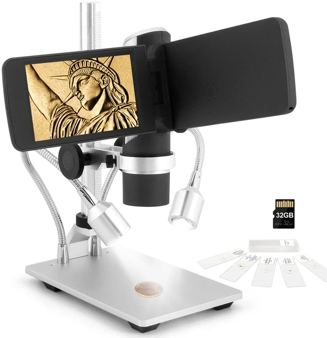 Main image of AD203 Digital Coin Microscope for Error Coins with Metal Stand 4.3 Inch Screen, FHD Video, Supports Windows Mac PC, USB Coin Microscope, 32GB SD Card, Metal Stands, Prepared Slides