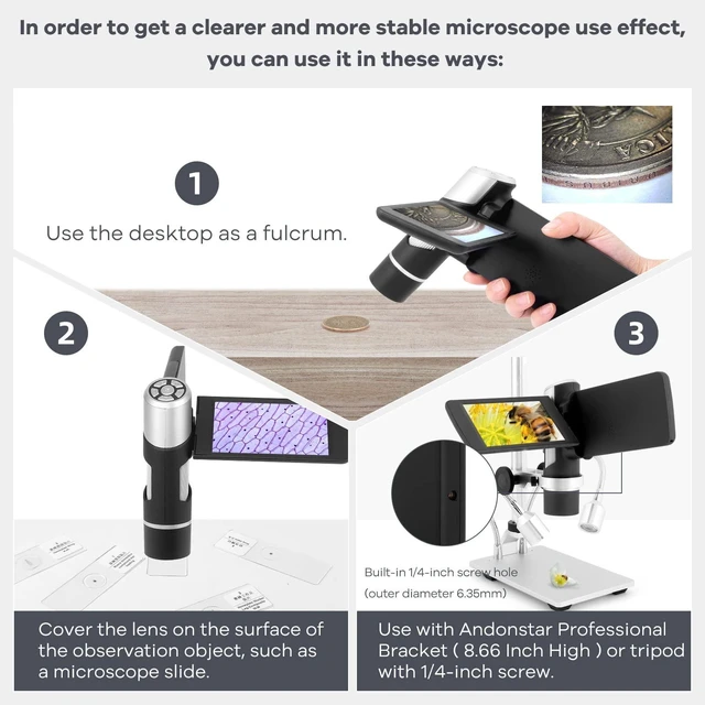 Alt view image 2 of 7 - AD203 Digital Coin Microscope for Error Coins with Metal Stand 4.3 Inch Screen, FHD Video, Supports Windows Mac PC, USB Coin Microscope, 32GB SD Card, Metal Stands, Prepared Slides