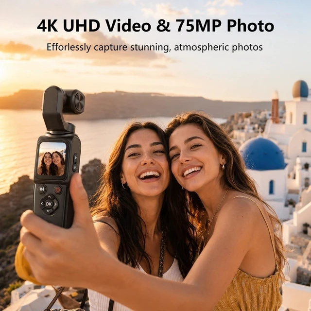 Alt view image 2 of 7 - 4K Pocket Vlogging Camera with AI Face Tracking WiFi and 64GB Card Portable Body Camcorder with 75MP Photo, 330° Rotating Lens, Touchscreen, for YouTube, Travel Vlog, Daily Content Creation