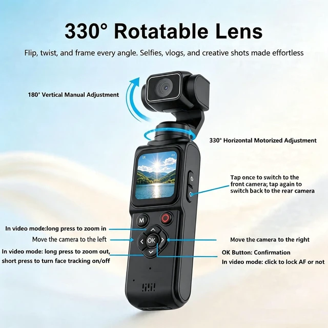 Alt view image 5 of 7 - 4K Pocket Vlogging Camera with AI Face Tracking WiFi and 64GB Card Portable Body Camcorder with 75MP Photo, 330° Rotating Lens, Touchscreen, for YouTube, Travel Vlog, Daily Content Creation