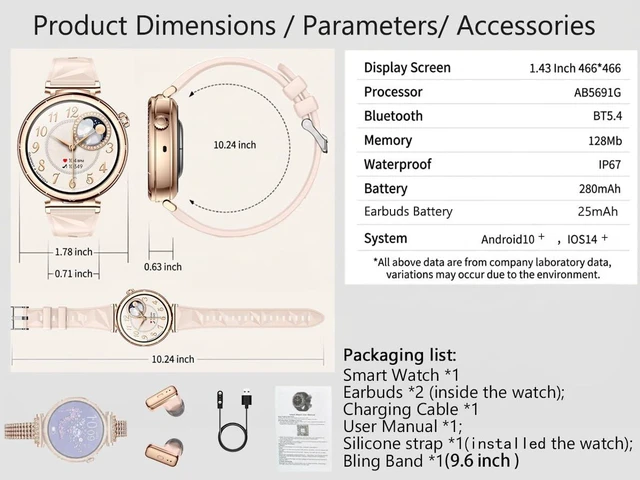 Alt view image 3 of 7 - Smart Watch with Earbuds for Women, 1.43 AMOLED Display + Crystal Bling Band, BT Calling, Heart Rate Monitor, Sleep Tracking, Fitness Tracker, Compatible with Android & iPhone