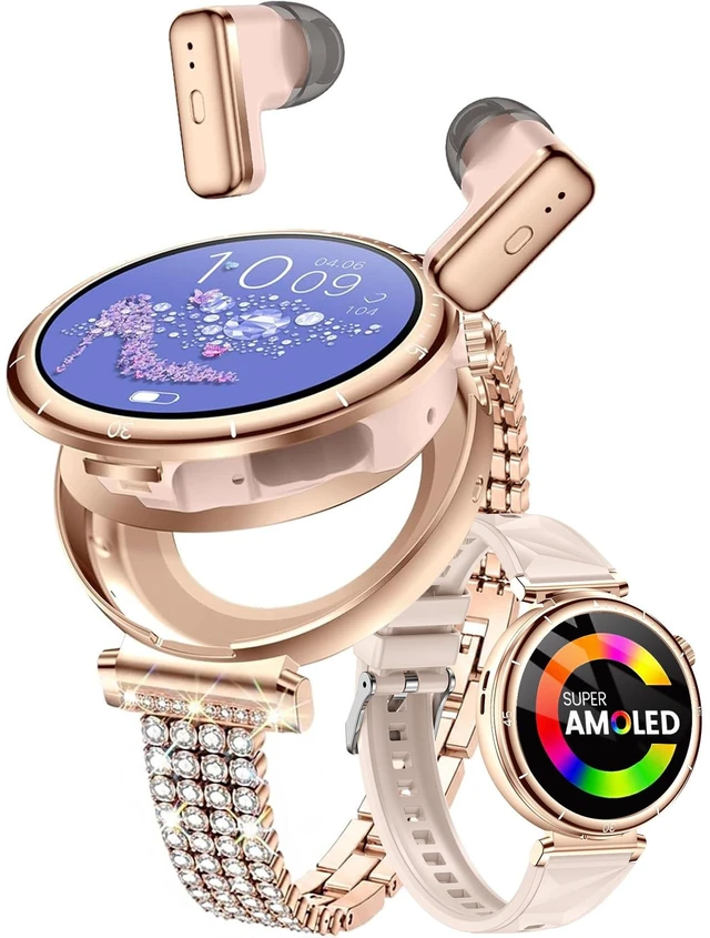 Main image of Smart Watch with Earbuds for Women, 1.43 AMOLED Display + Crystal Bling Band, BT Calling, Heart Rate Monitor, Sleep Tracking, Fitness Tracker, Compatible with Android & iPhone