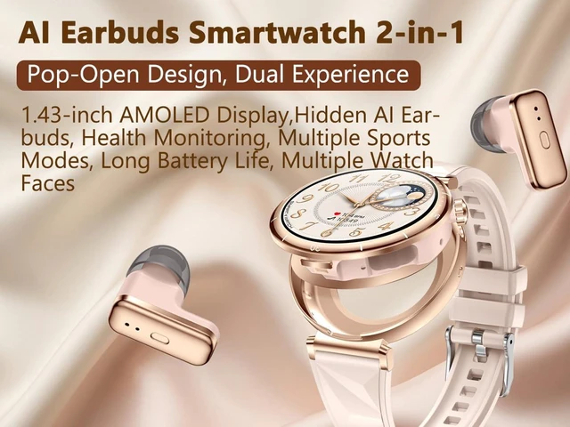 Alt view image 4 of 7 - Smart Watch with Earbuds for Women, 1.43 AMOLED Display + Crystal Bling Band, BT Calling, Heart Rate Monitor, Sleep Tracking, Fitness Tracker, Compatible with Android & iPhone